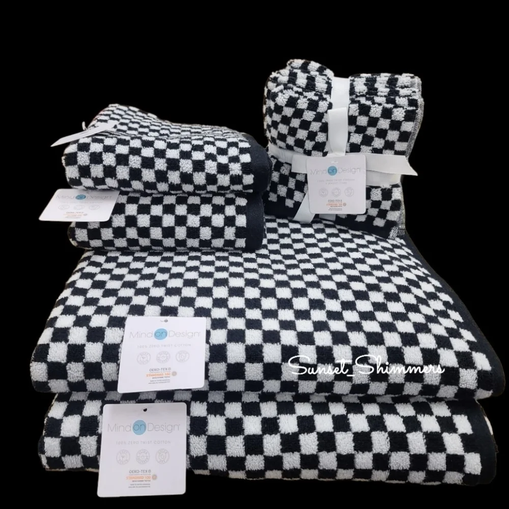 8pc Mind on Design Black White Check Zero Twist Bath Hand Washcloth Towel Set